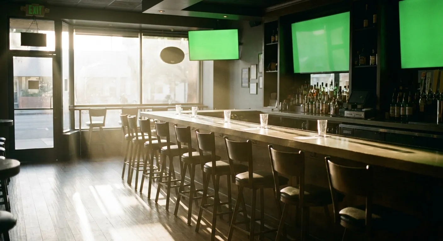 A bar interior in early morning light with screens glowing and stools along the counter