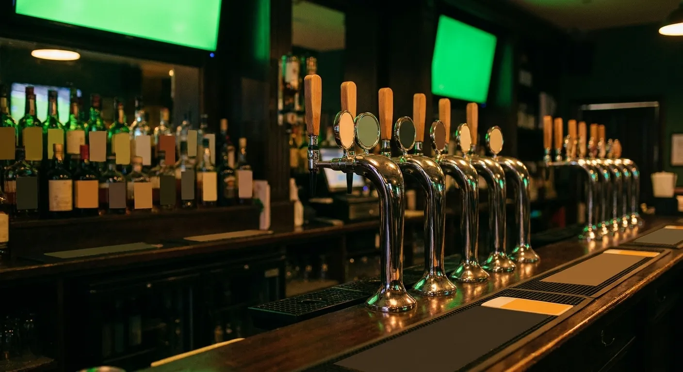 A bar counter with taps and several screens above showing a green pitch