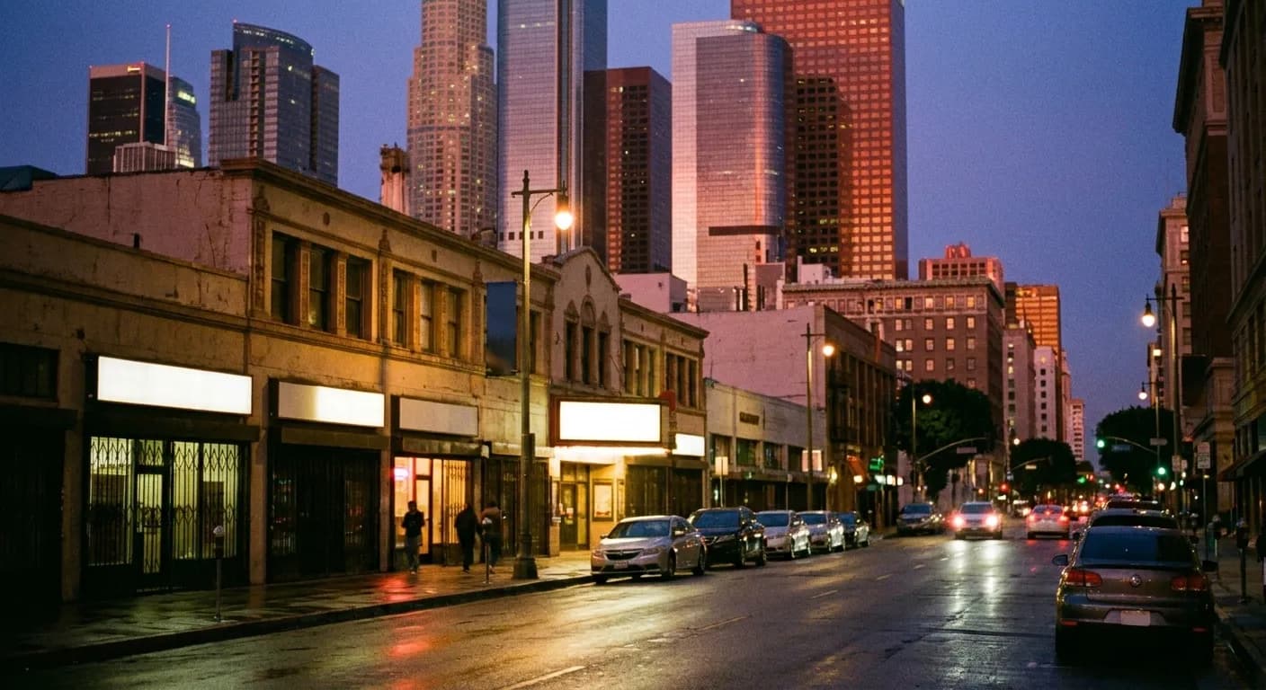 A downtown street at dusk with bar frontages and tall buildings rising behind