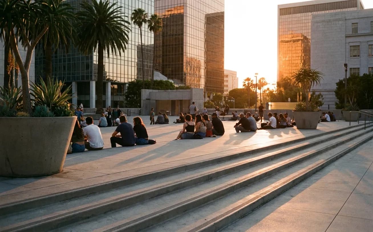 A public plaza with people scattered across wide steps in warm evening light