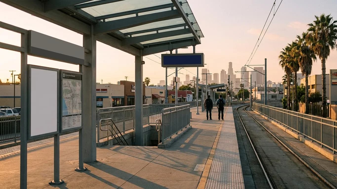 A light rail platform in the late afternoon with the city rising behind it