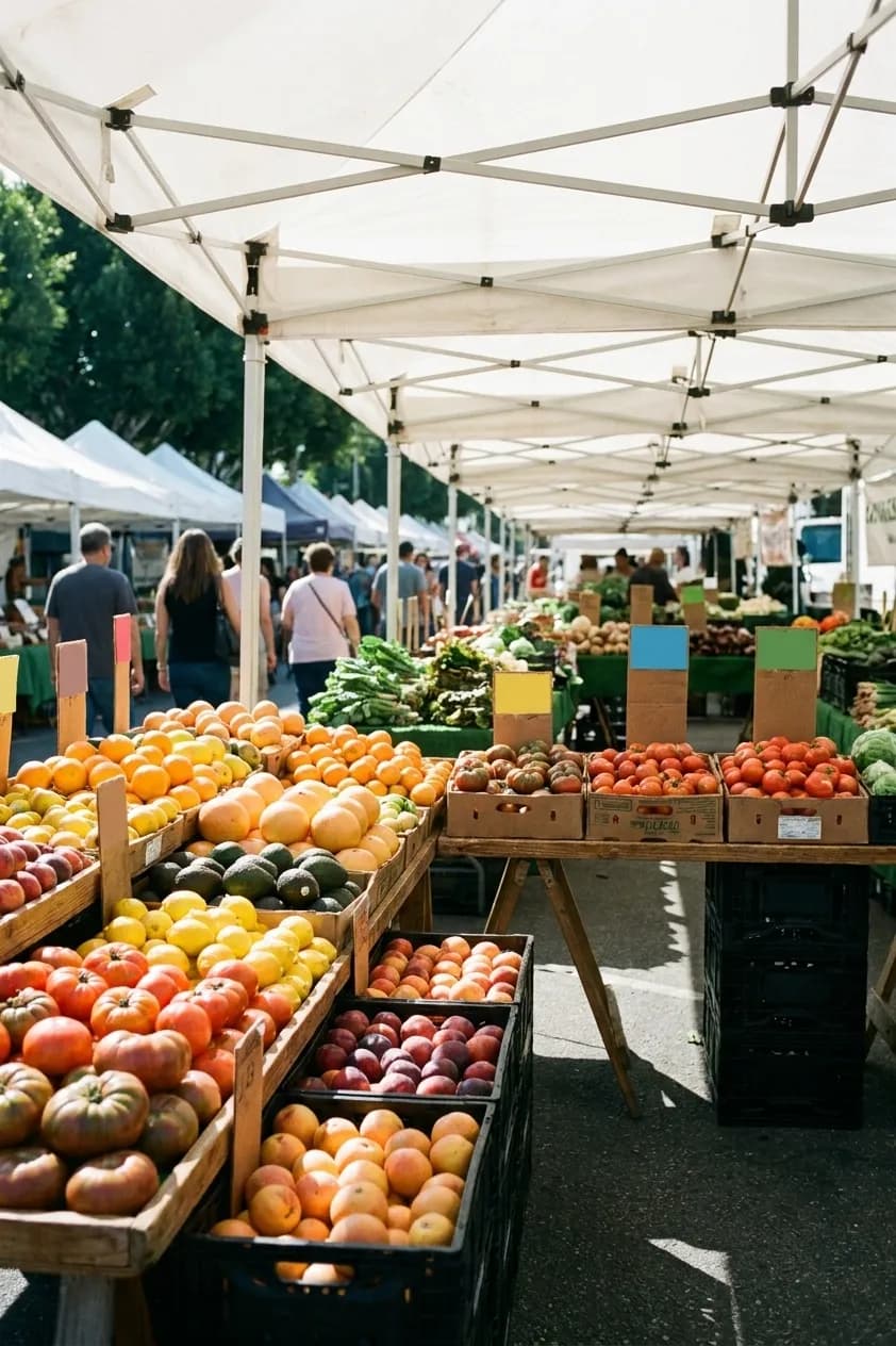 Market stalls under canopies along a street with produce laid out on tables