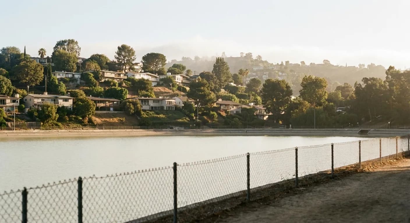 A hillside neighbourhood of low houses seen across a reservoir in morning light