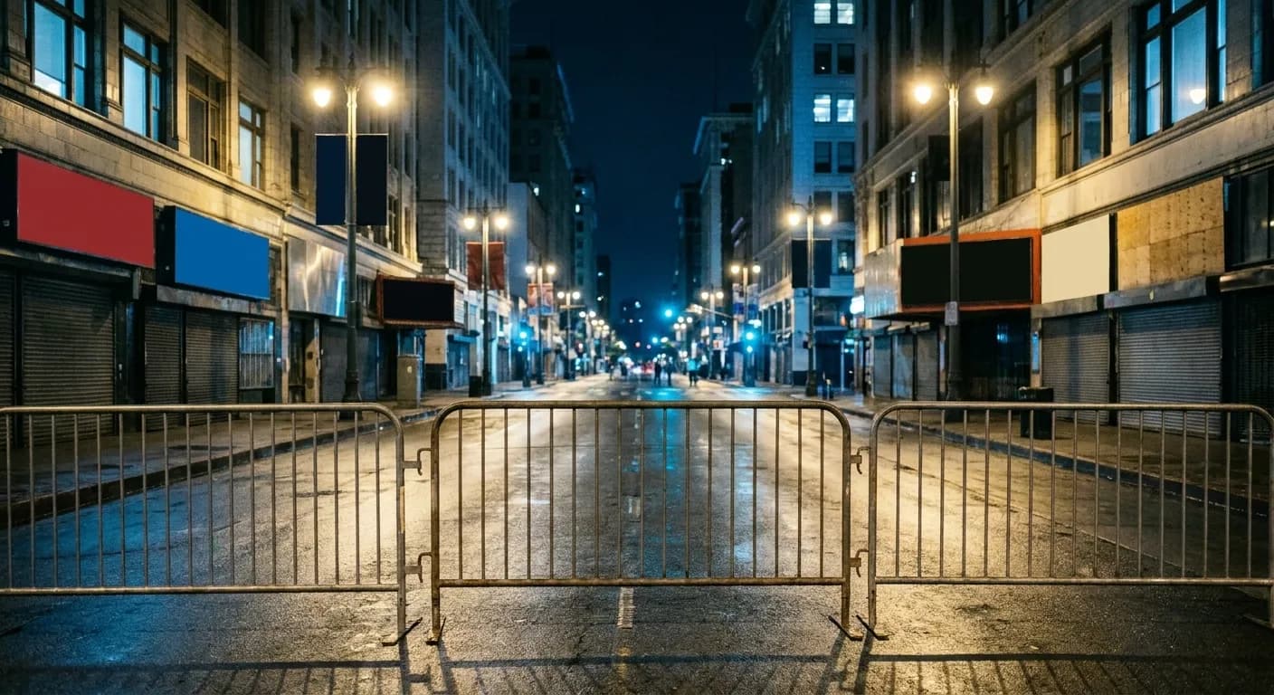A downtown street at night closed off with barriers and lit by overhead lamps