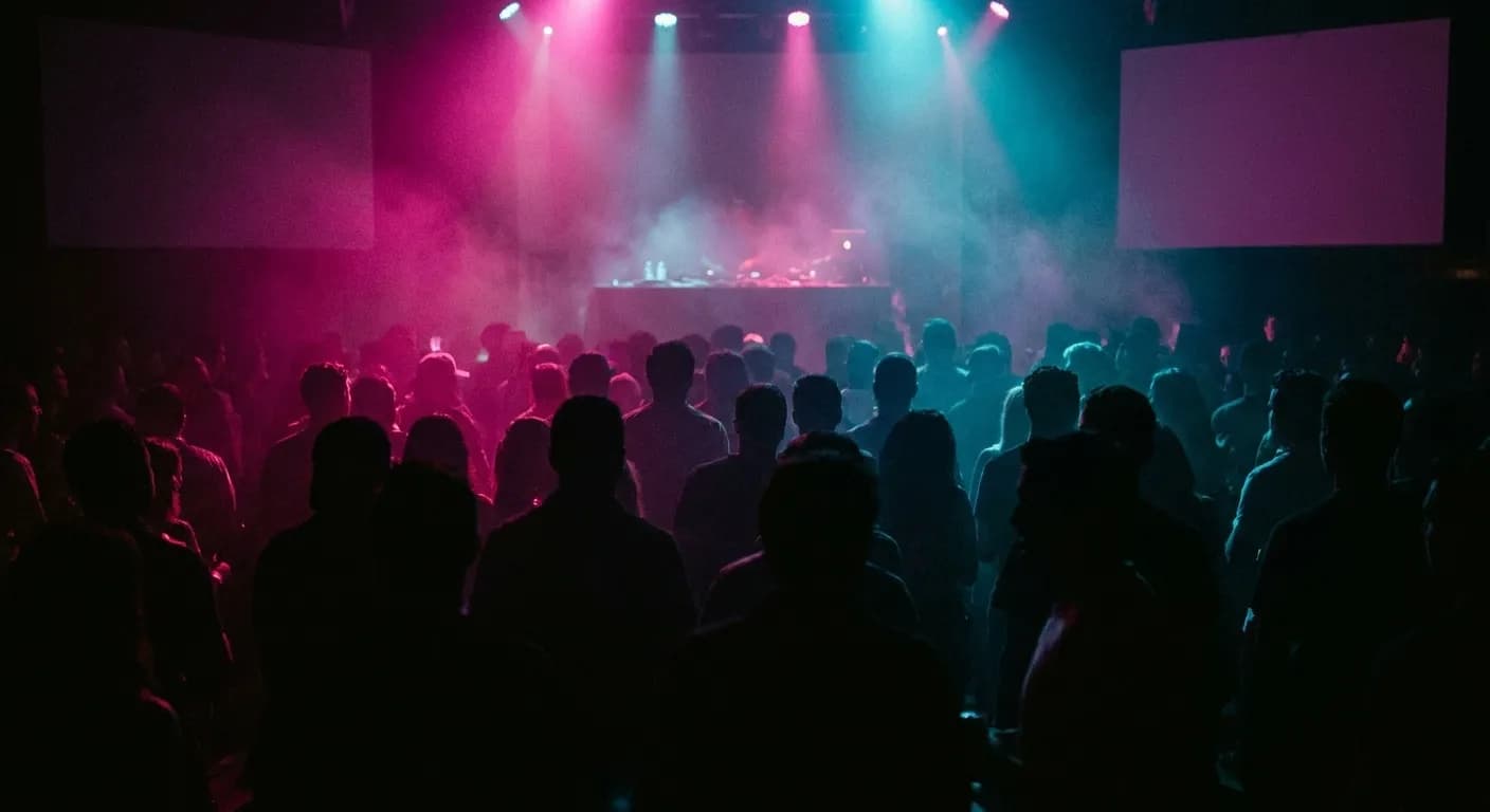A dark club interior with coloured light washing across a crowd of silhouettes