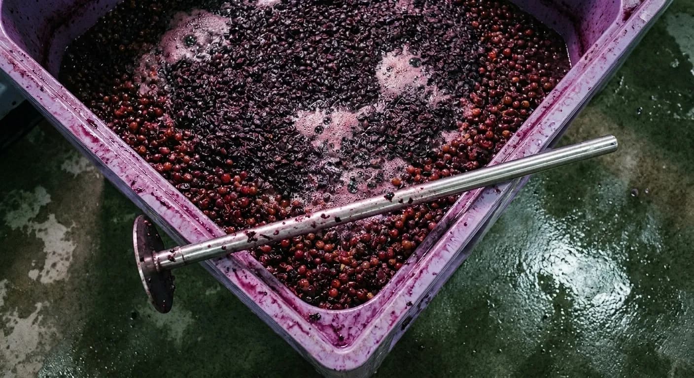 An open fermentation bin of crushed grapes with a punch-down tool resting across it