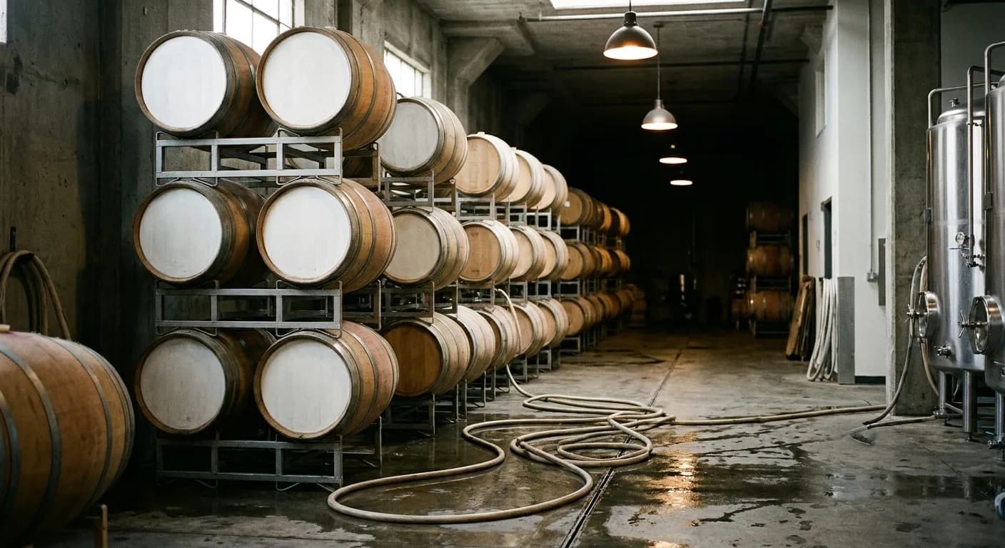 A working cellar with stacked barrels and a concrete floor under industrial lighting