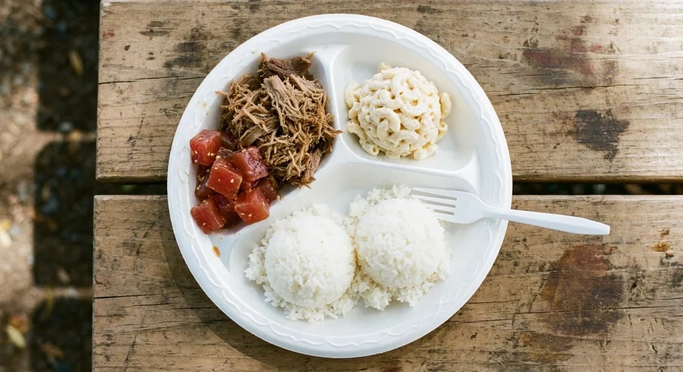 A compartment plate with two scoops of rice, macaroni salad and marinated fish