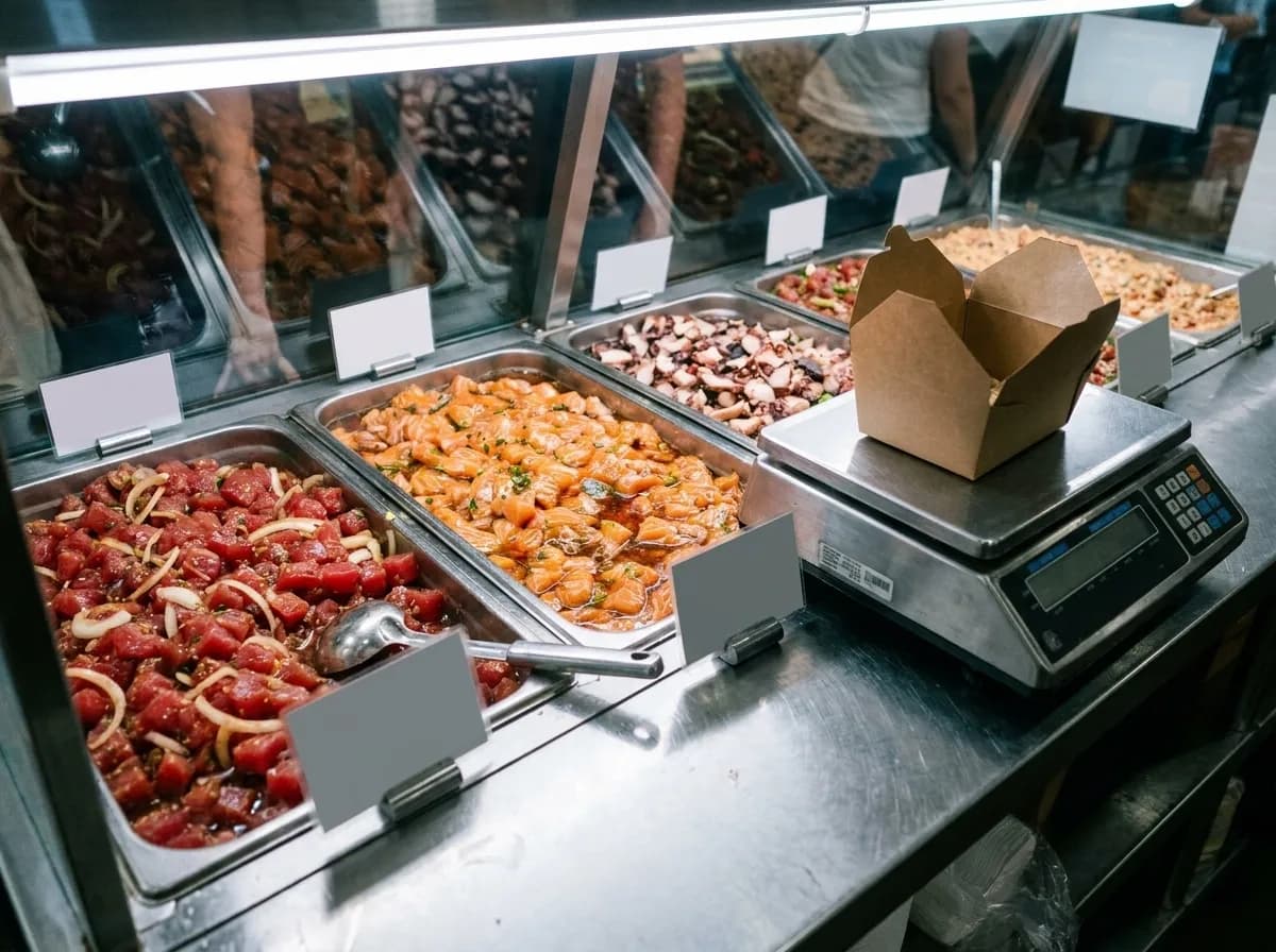 An open market counter of marinated seafood trays with a scoop and a scale