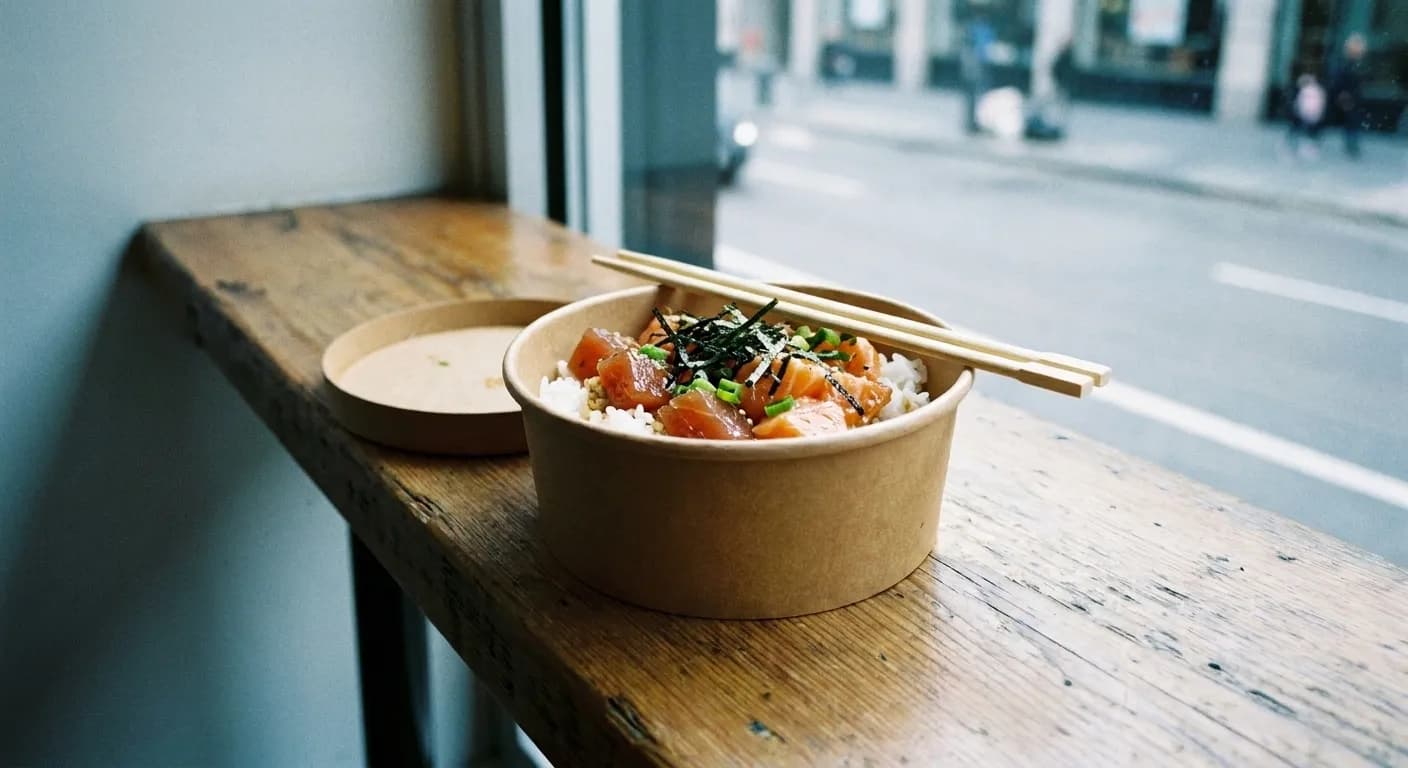 A takeaway bowl of rice topped with cubed fish, seaweed and scallion