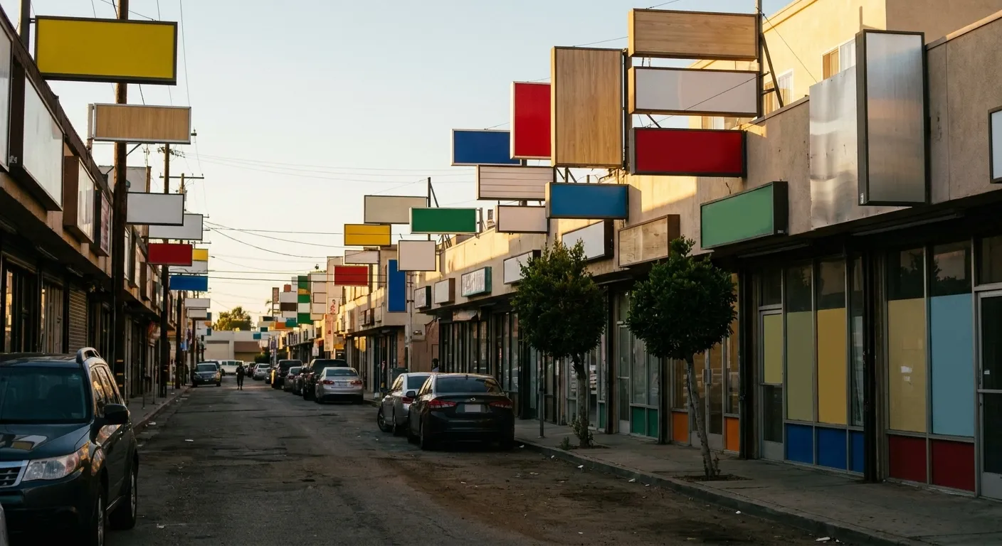 A dense low-rise commercial street with stacked signage and small storefronts