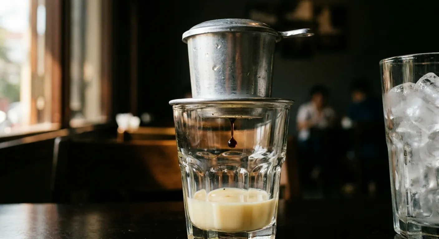 A small metal coffee filter dripping into a glass of condensed milk