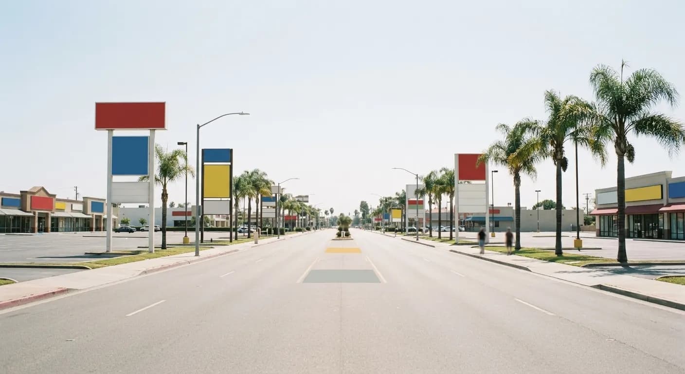 A wide suburban boulevard with low commercial buildings and a large shared car park