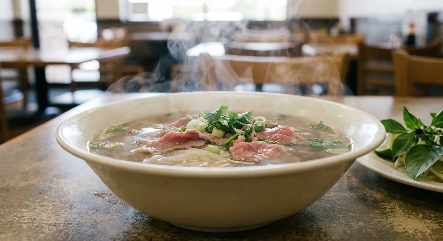 A large bowl of clear noodle soup with sliced beef, steam rising from it