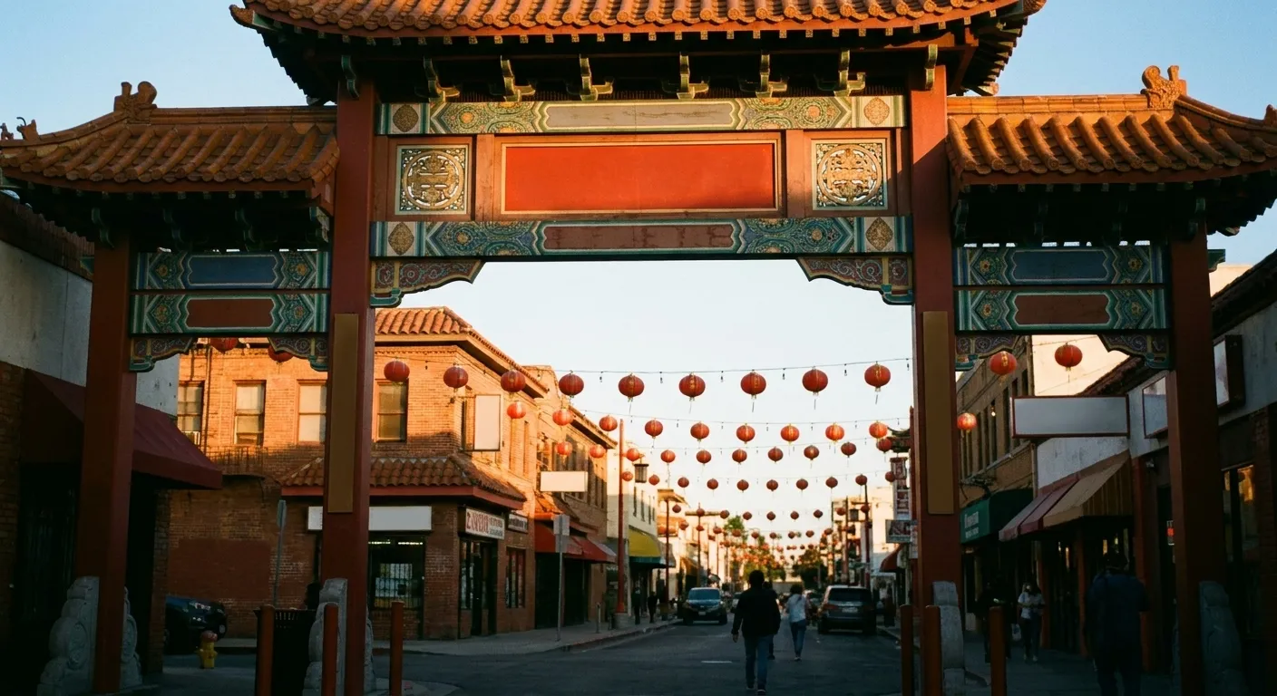 A neighbourhood gateway arch over a street with low buildings and lanterns strung above