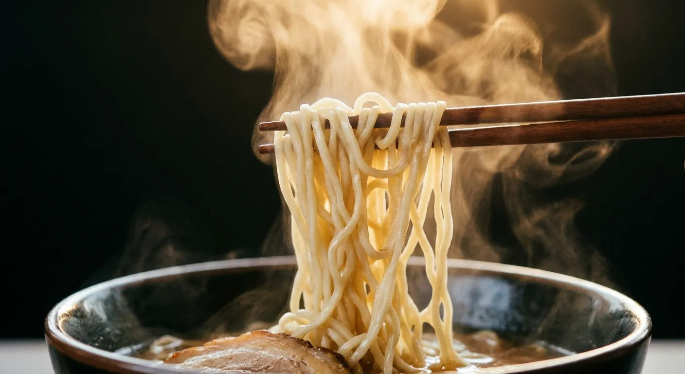 Noodles lifted high on chopsticks with steam rising from the bowl below