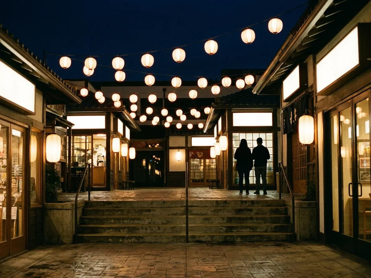 An outdoor plaza at night with steps and lanterns strung overhead
