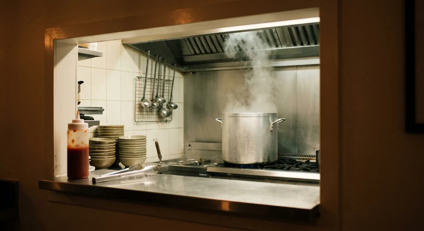 A kitchen pass opening with a stockpot boiling and steam rising beyond it