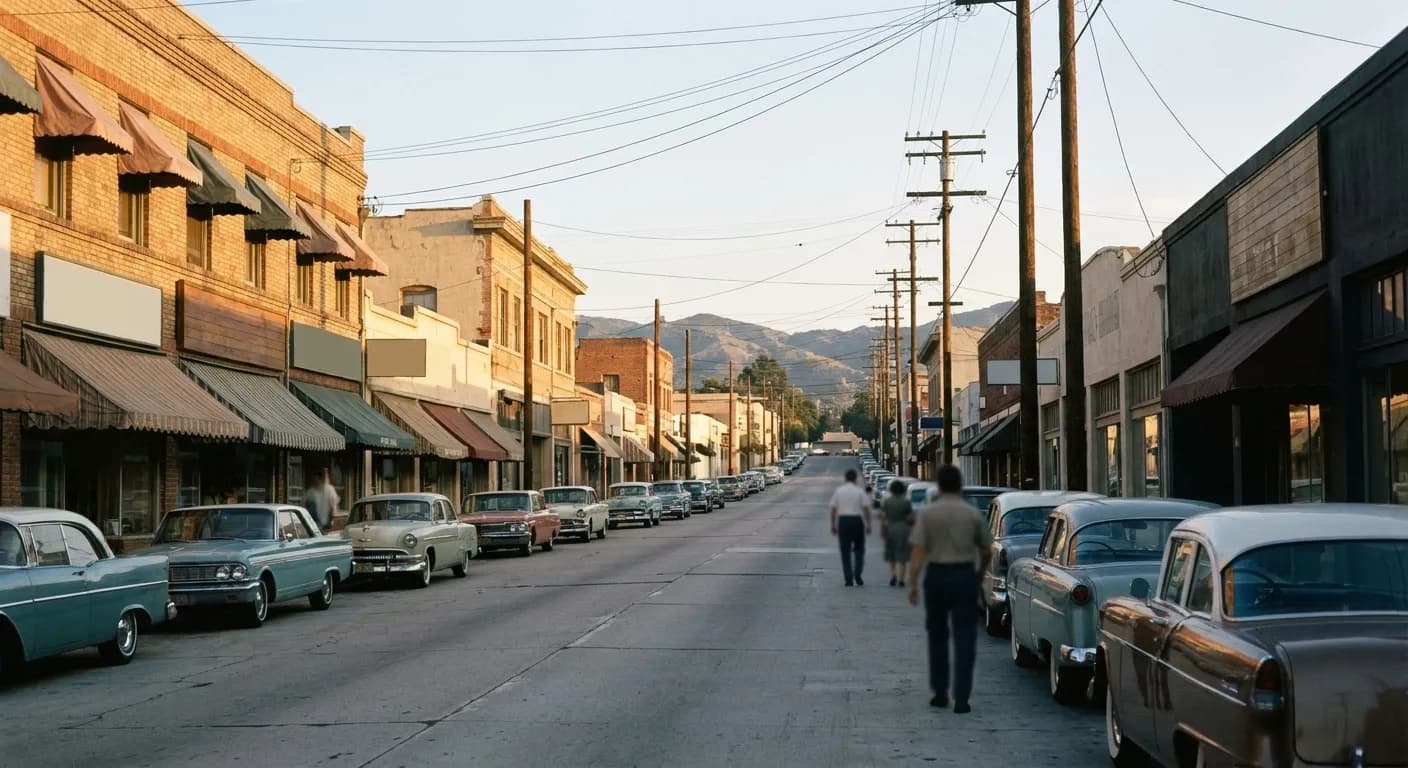 A low-rise commercial street on a slight hill with older storefronts and awnings