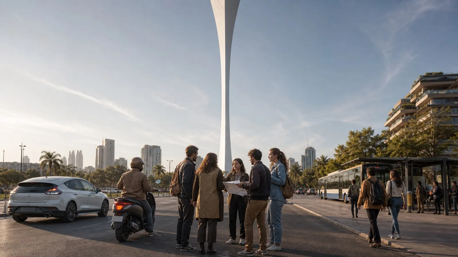 Photorealistic group decision scene showing when to use Karpo and when to use Cabify.