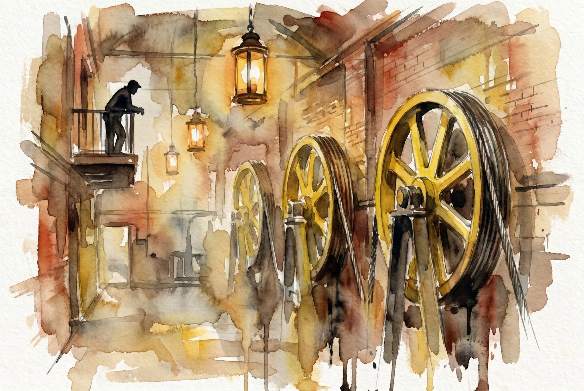 AI-generated watercolor: interior of the San Francisco cable car powerhouse — four enormous spoked iron sheave wheels (each 14 ft diameter, painted dark red) winding the underground cable, the moving cable visible above them snaking off into a floor channel, exposed brick walls of an 1887 industrial building, high industrial windows pouring soft natural light from the left, a brass viewing rail in the foreground, one silhouetted visitor leaning on the rail watching, wide overhead angle showing all four wheels turning