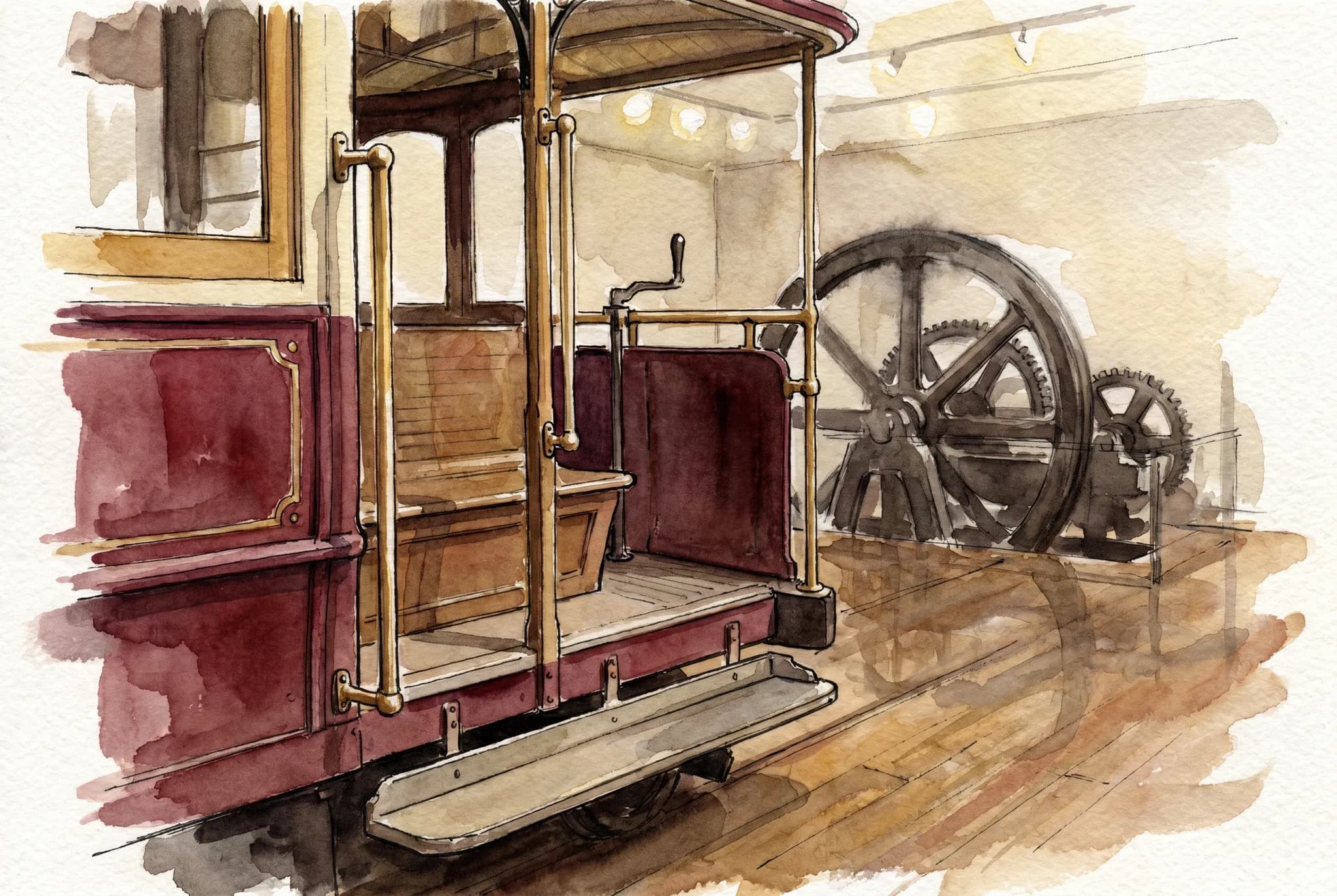 AI-generated watercolor: a vintage 1880s San Francisco cable car on display in the museum — dark green wooden carriage with brass fittings, open-air bench seating, the iconic painted destination signboard at the top rendered as illegible white-on-black strokes, restored gleaming wood and brass, soft museum lighting from above, polished concrete floor, three-quarter front view from low angle