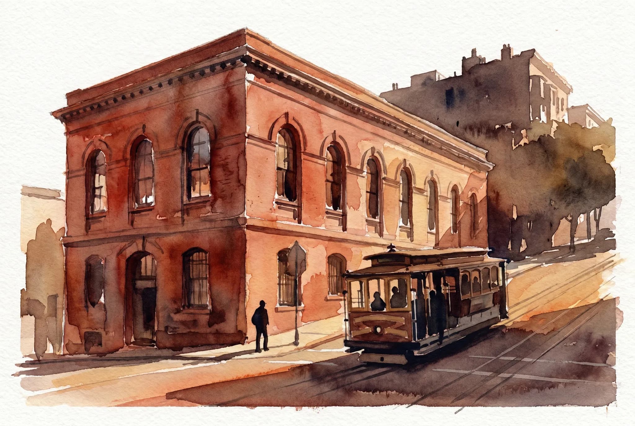 AI-generated watercolor: exterior at the corner of Mason and Washington in Nob Hill San Francisco — red-brick Victorian powerhouse building with arched industrial windows, a real San Francisco cable car (dark green, no readable text on signboards) cresting the steep Mason Street hill in the foreground, deep blue afternoon sky, the bay and Alcatraz Island visible as a faint silhouette far down the hill, one silhouetted pedestrian on the sidewalk, steep three-quarter view showing the famous SF hill drop