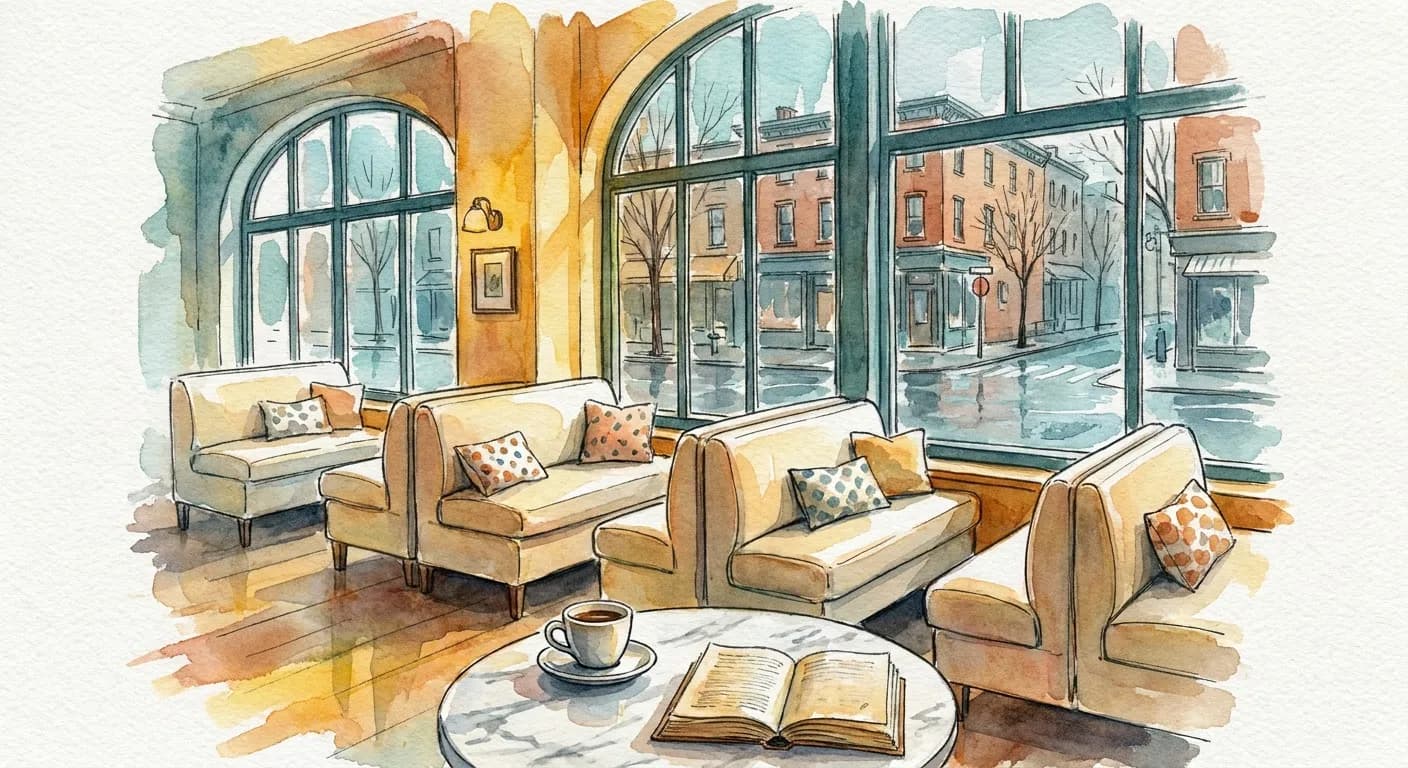 AI-generated watercolor: four cream banquette window seats in a Greenwich Village cafe looking out onto a narrow street through large windows, a marble-topped table with an espresso cup in the foreground, warm interior light contrasting with cool blue daylight outside