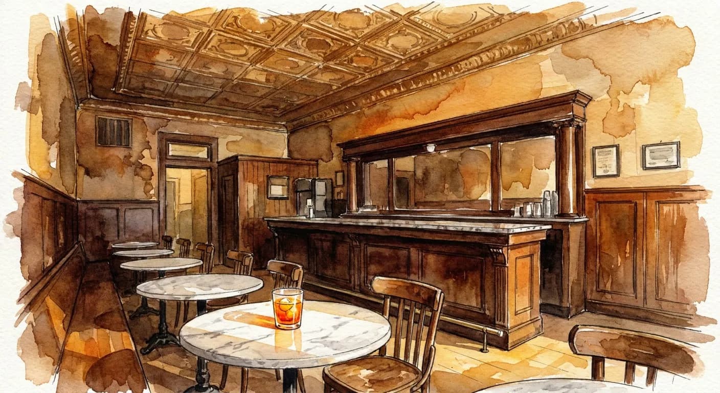 AI-generated watercolor: the warm interior of a historic Italian-American cafe in Greenwich Village, pressed-tin ceiling, wood paneling on the walls, a long marble bar in the background, small round marble-topped tables with an orange Aperol Spritz catching afternoon light, empty afternoon stillness