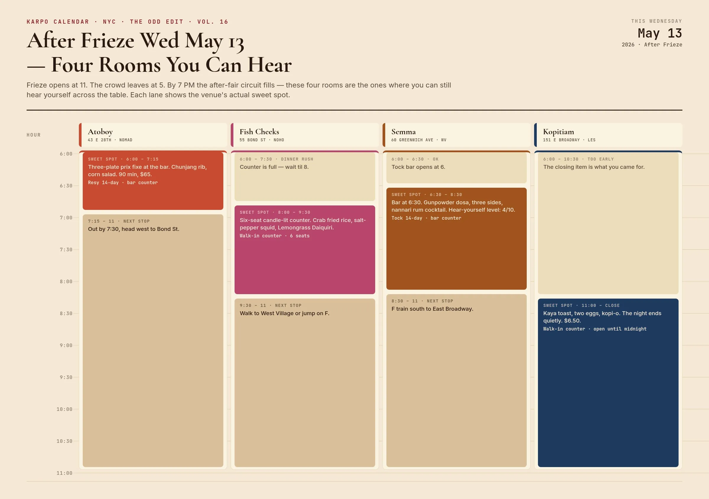 Karpo my-life calendar — After Frieze Wednesday, four rooms where you can still hear