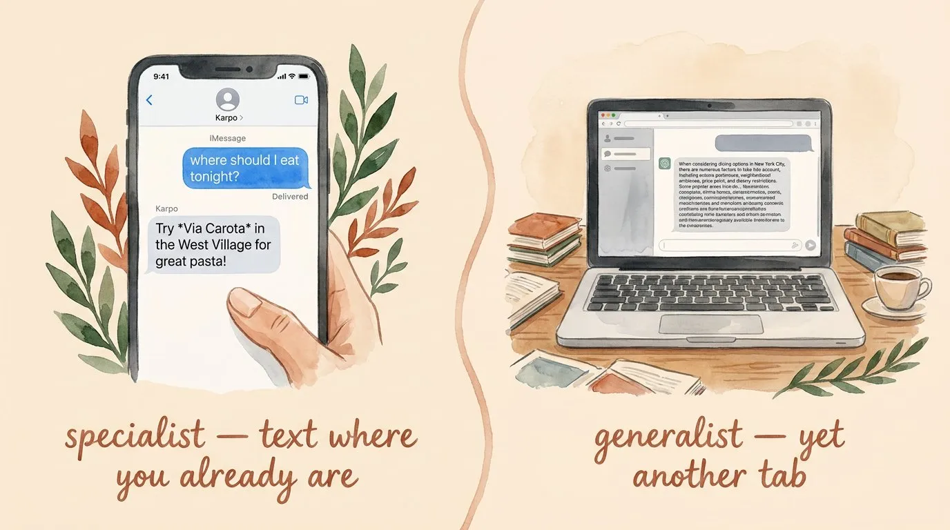 Side-by-side comparison: Karpo running in iMessage on iPhone vs ChatGPT on a laptop — specialist city concierge vs general-purpose AI
