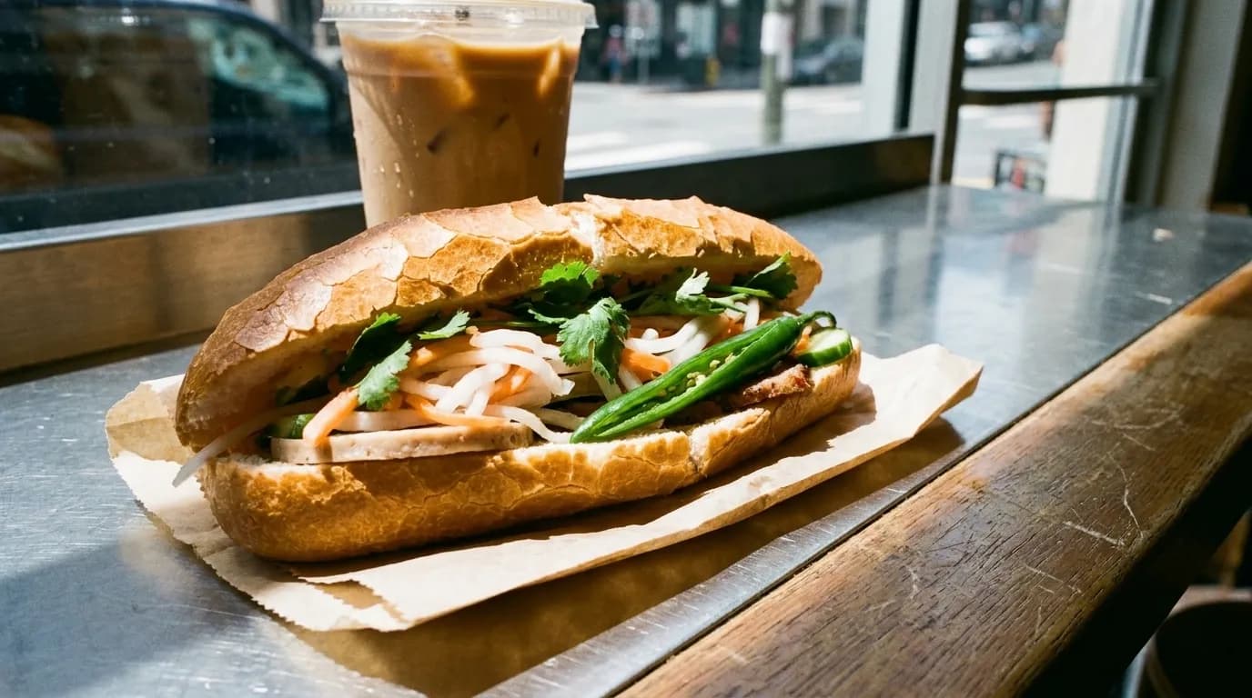 A bánh mì on paper at a small counter shop in San Francisco's Tenderloin