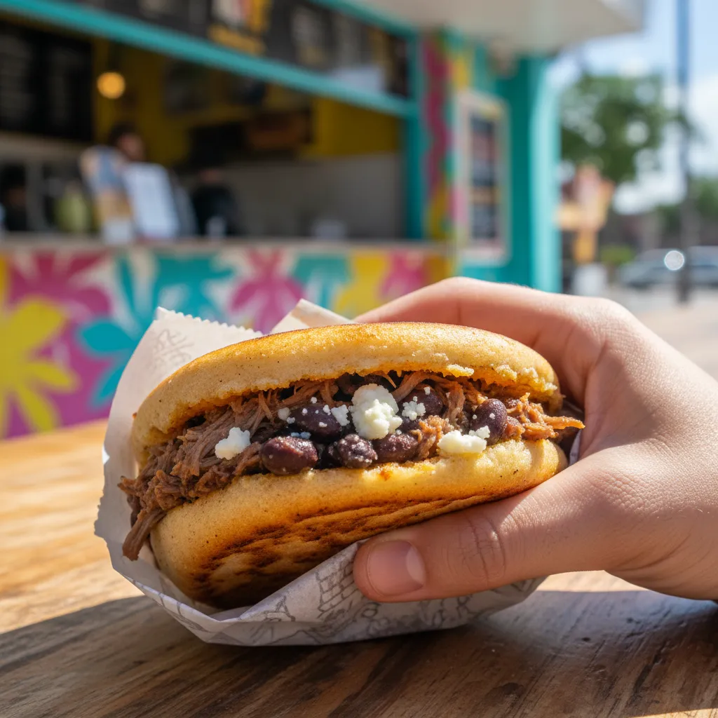 Venezuelan arepa stuffed with shredded beef and cheese in paper wrapper at a Miami counter