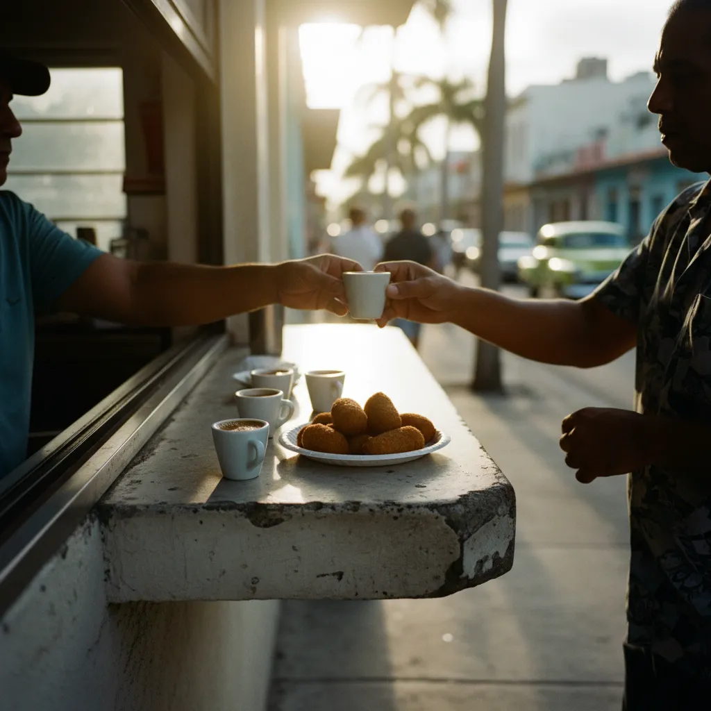 Cuban ventanita walk-up window with tiny espresso cups and croquetas being served in Little Havana