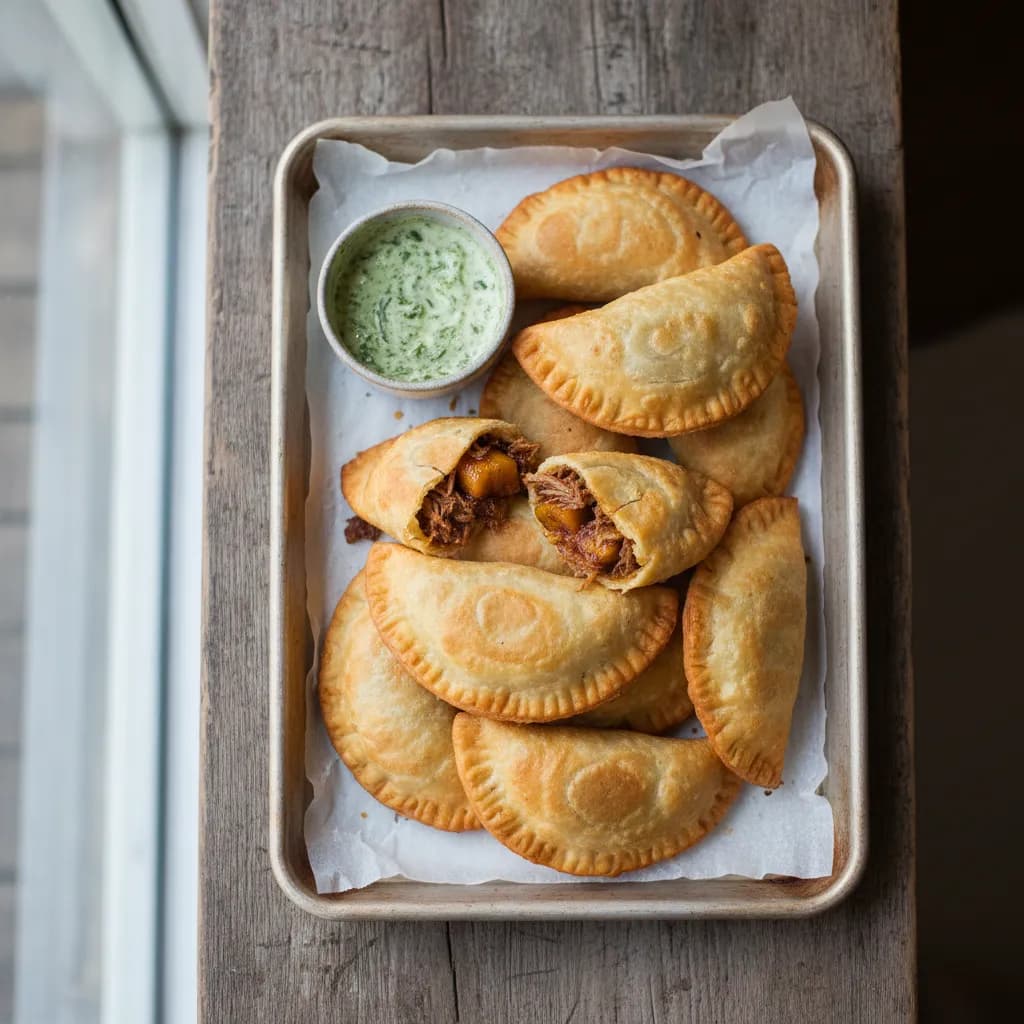 Golden fried empanadas stacked on a paper-lined tray with green sauce on the side