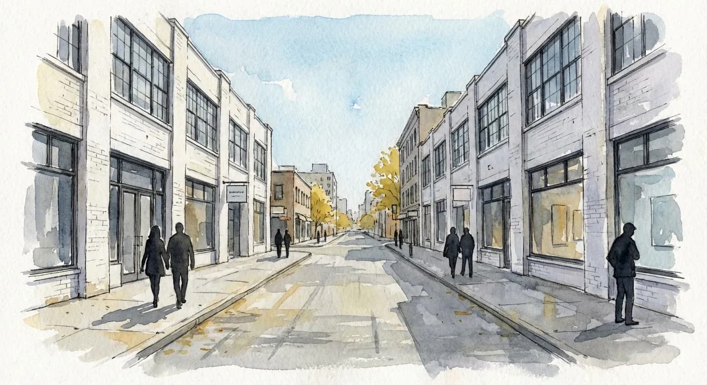 AI-generated watercolor: looking north along West 24th Street in Chelsea New York, white-box gallery facades lining both sides of the converted industrial street, silhouetted pedestrians on the pavement, clear autumn sky