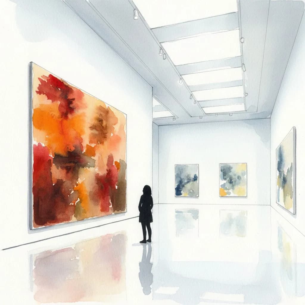 AI-generated watercolor: interior of a large white-cube Chelsea gallery, extremely high ceilings, three oversized abstract paintings on white walls, polished concrete floor, a single silhouetted figure standing center looking up at the largest canvas