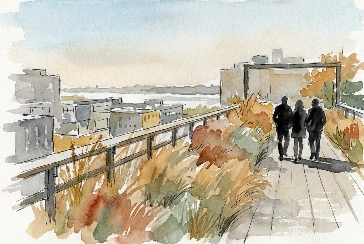 AI-generated watercolor: the High Line elevated park in Chelsea looking south toward Hudson Yards, amber and rust native plantings along the steel railing, gallery-district buildings below, Hudson River in the distance, three silhouetted pedestrians walking