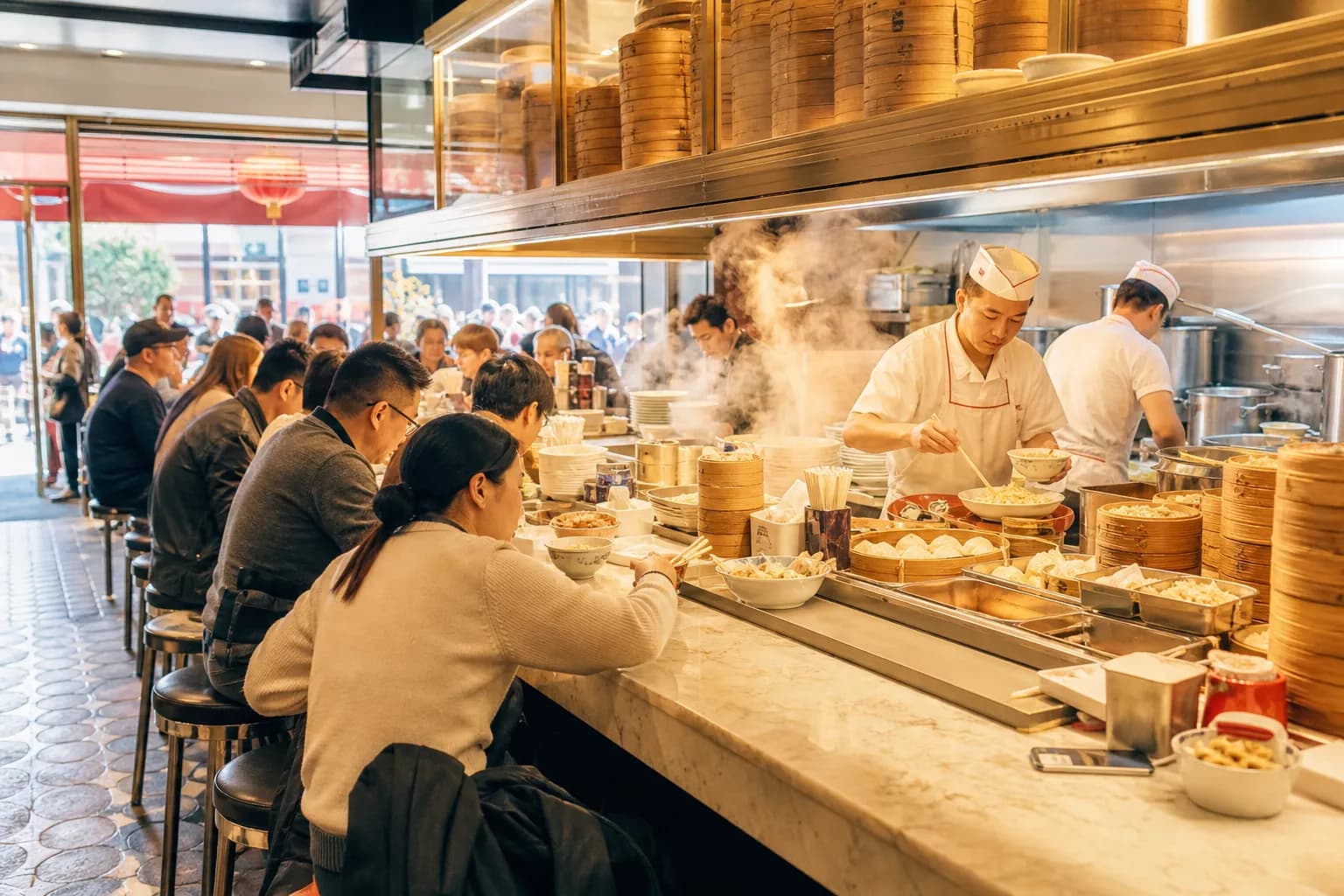 A bright Chinatown-style lunch counter with steam and stools