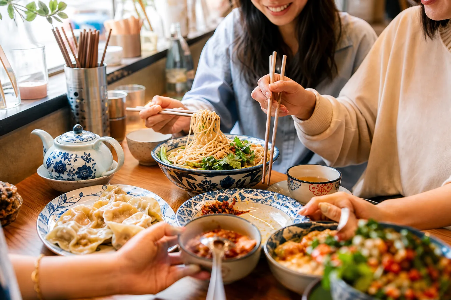 Colorful shared counter lunch dishes in refined daylight