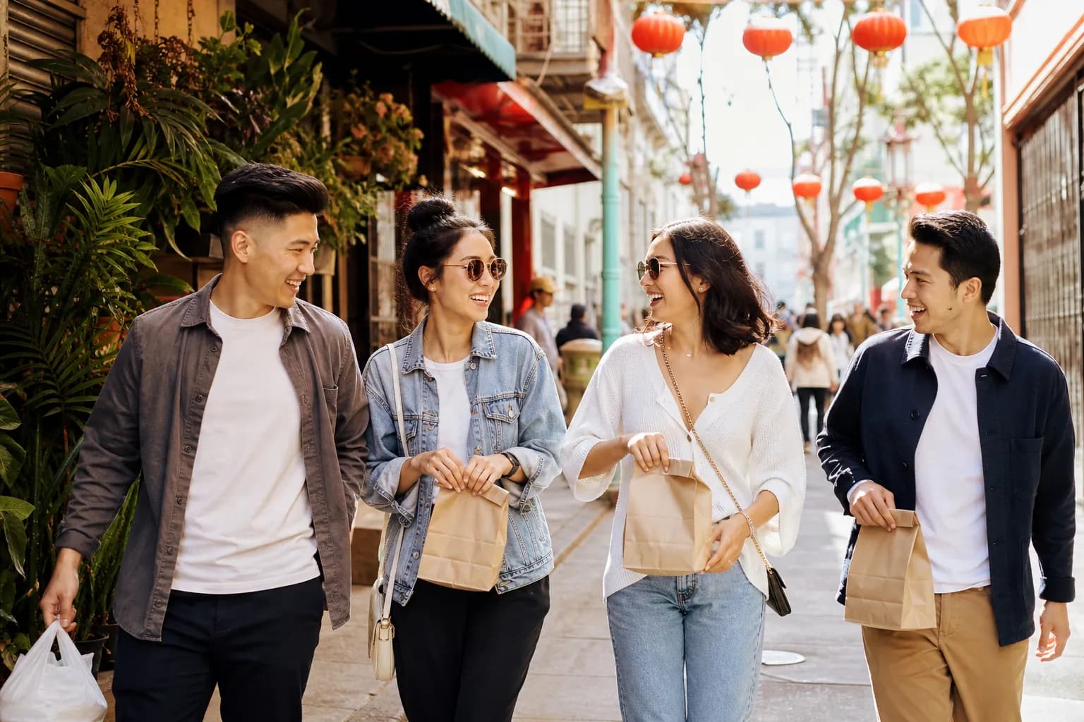 Friends walking through a sunny Chinatown side street with takeout