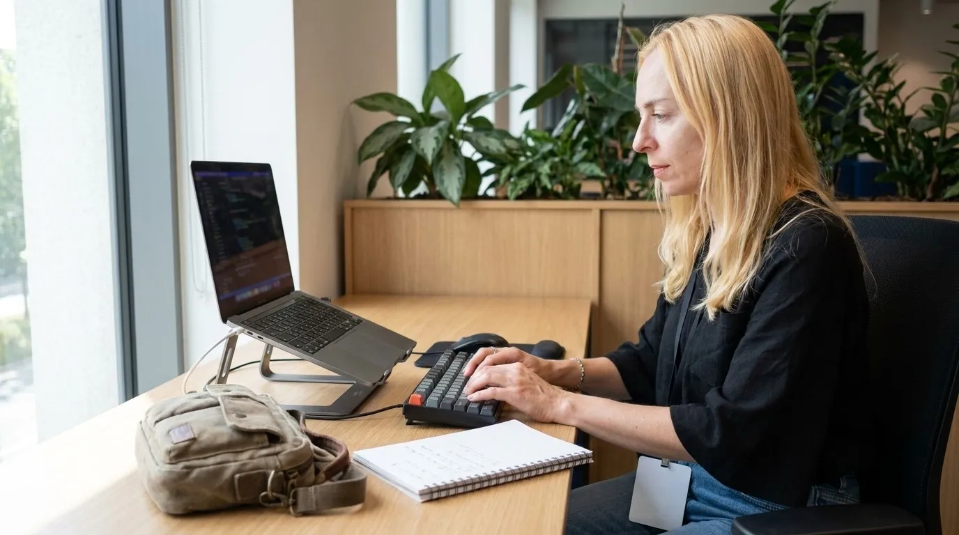 A realistic developer workstation with code on screen, notebooks, and travel items before a conference