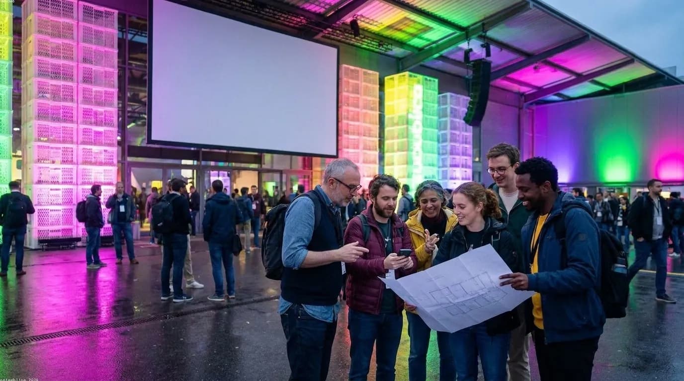A small developer team reviewing a city plan outside a conference venue in realistic evening light