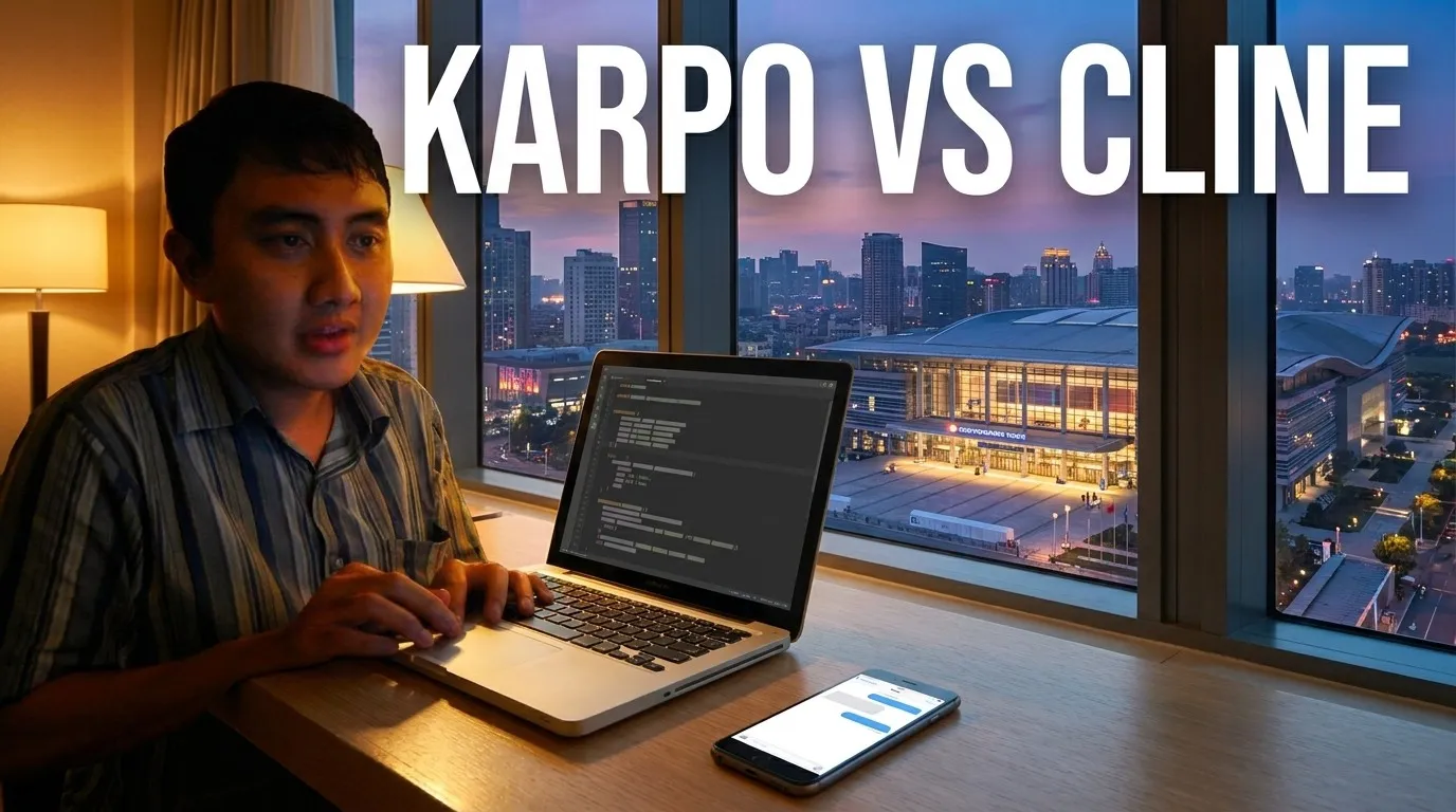 A developer at a terminal transitioning into a city meetup scene with one Karpo phone in a photorealistic comparison