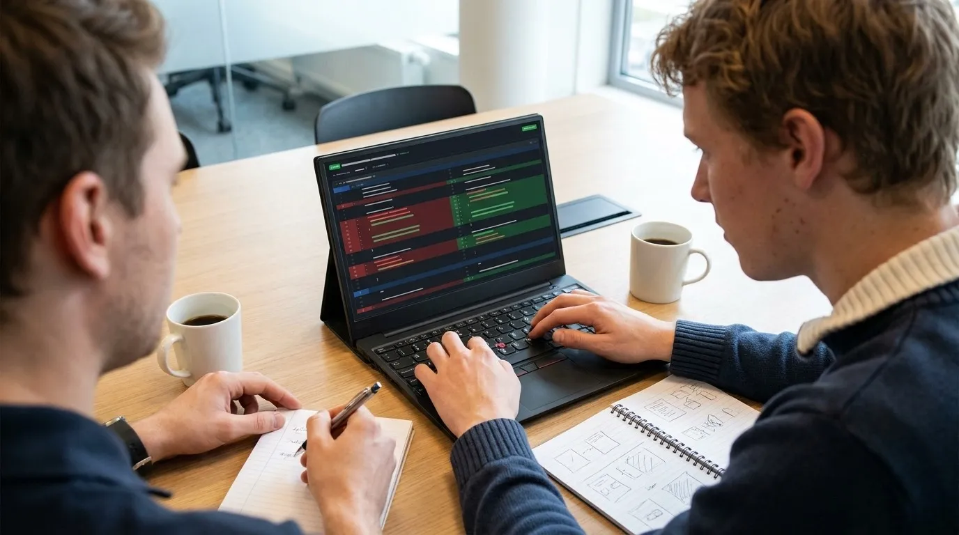 Engineers reviewing a pull request together at a realistic office table with abstract code on screen