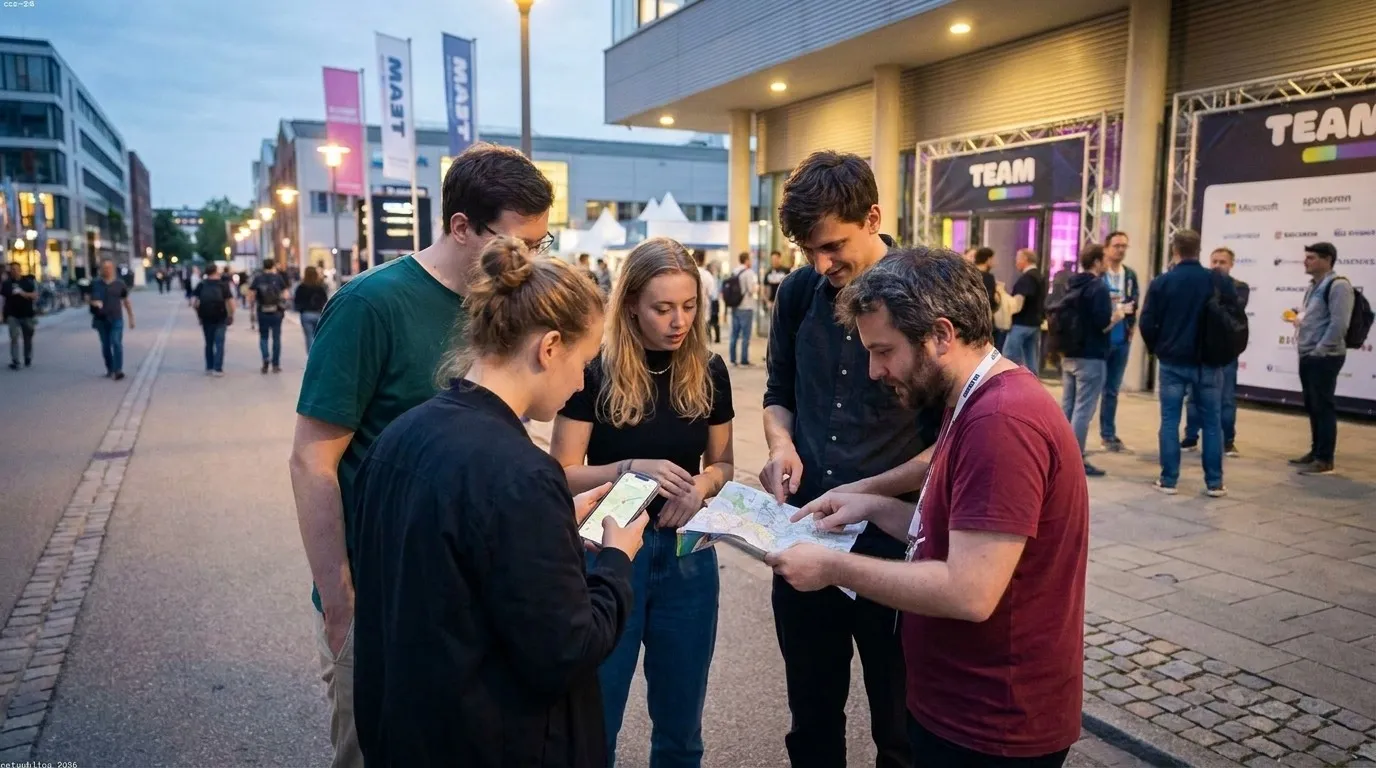 A small engineering team checking a practical route outside a technology conference venue at dusk