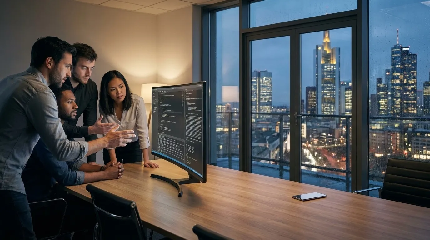 A realistic engineering review room opening onto a team city day with one Karpo phone and no text overlay