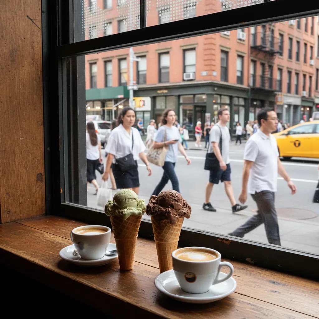 A New York cafe and ice cream counter with espresso cups and cones in summer light.