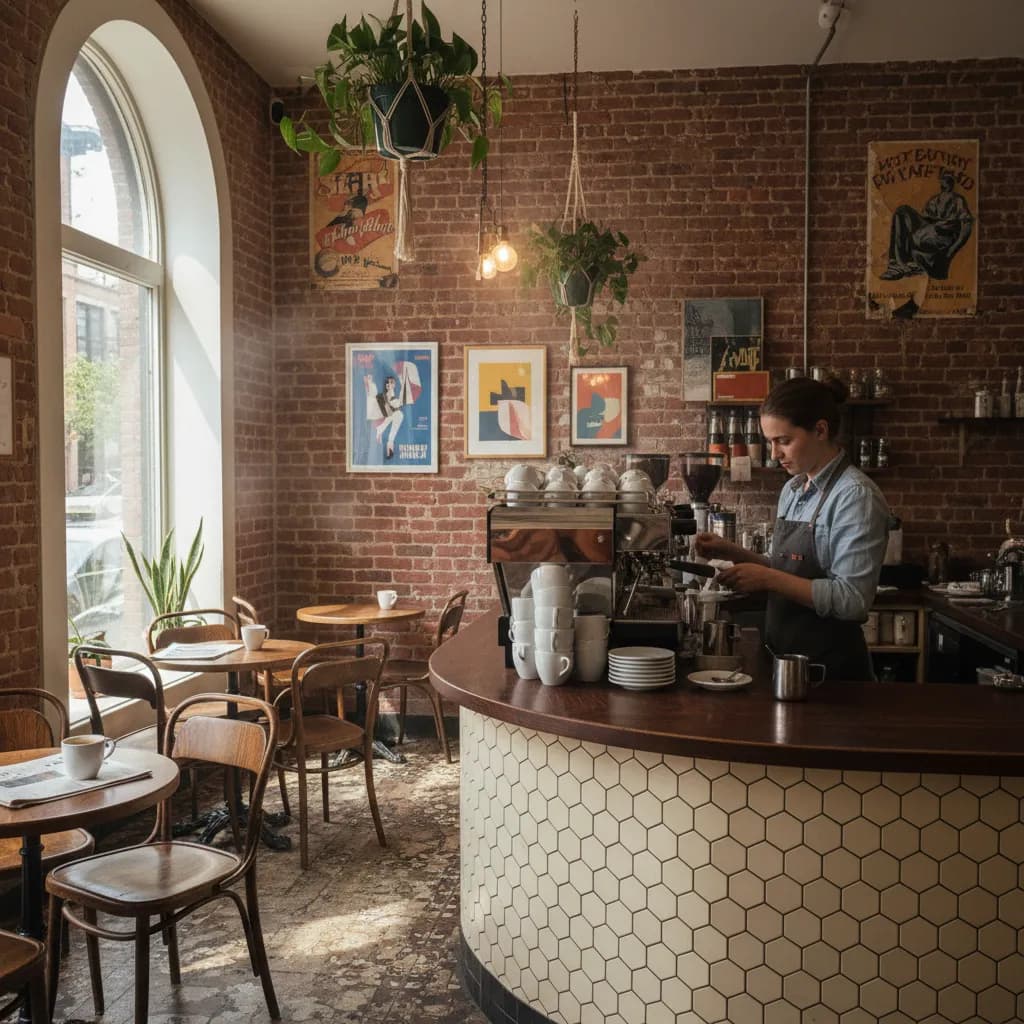 A Williamsburg coffee shop interior with tiled bar, espresso cups, and soft morning light.