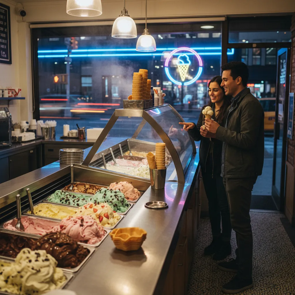 A late-night Manhattan ice cream shop counter with scoops and neon street glow.